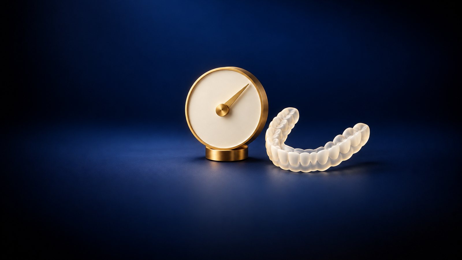 Illustration of a dial gauge beside a clear aligner tray
